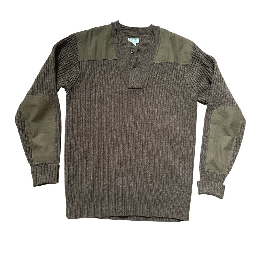 LL Bean Sweater Mens Commando Merino Wool Elbow Patch Brown Knit Crew Sz XL TALL